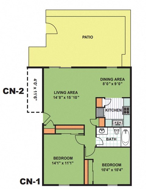 Floor plan for 2 beds, 1 bath, 920 sqft